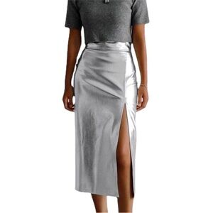 Silver Pleather Side Slit Midi Skirt